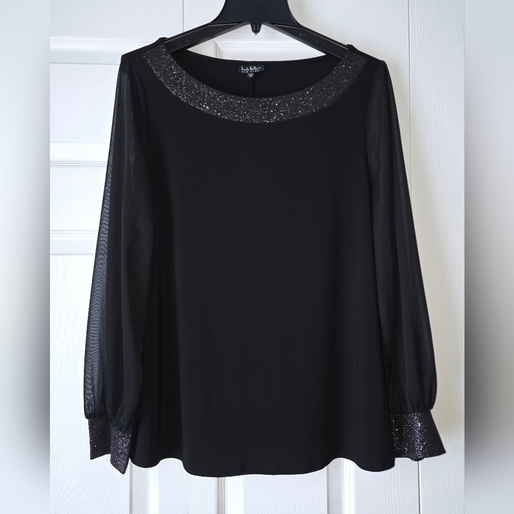 Nicole Miller Black Sheer Sleeve Blouse with Silver Embellishments Size 1X - Picture 2 of 11
